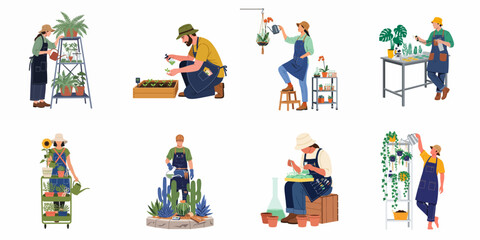 Fototapeta premium Diverse set of people caring for indoor and outdoor plants, gardening, and performing plant research experiments, isolated on a white background.