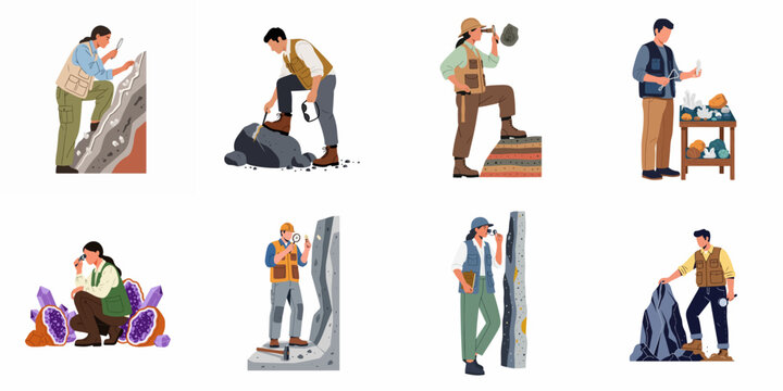 Flat Vector Set of Geologists, Mineralogists, and Paleontologists Examining Various Rocks, Crystals, and Fossils with Scientific Tools on White Background