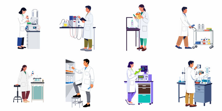 Collection of diverse male and female scientists in white lab coats conducting research and experiments using professional laboratory equipment.
