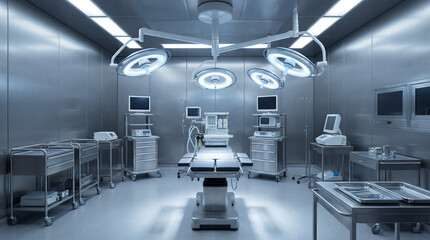 Fototapeta premium Luxury surgical suite with central table and halo lighting pristine healthcare environment concept