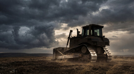 Fototapeta premium Heavy Duty Bulldozer in Epic Stormy Plateau Setting for Cinematic Construction Equipment Visuals