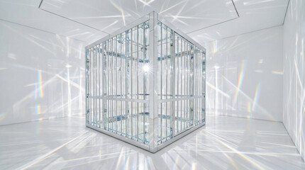 Fototapeta premium Highly reflective mirrored panel cage sitting in empty white room surreal light reflections artistic installation