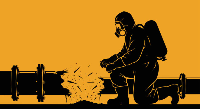 hazardous waste worker in a hazmat suit inspecting a chemical spill from a broken pipe illustrating industrial safety and environmental protection
