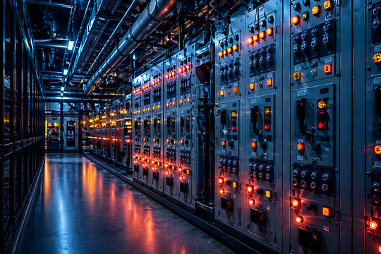 AI generated modern industrial control room with long electrical panels glowing indicator lights advanced power system technology infrastructure and energy management environment