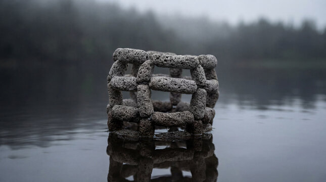 Grey pumice cage floating on calm dark water serene minimal natural texture abstract composition