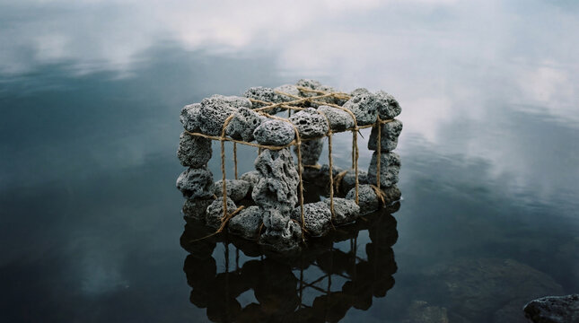 Minimalist pumice stone cage resting on still water soft lighting tranquil natural concept imagery