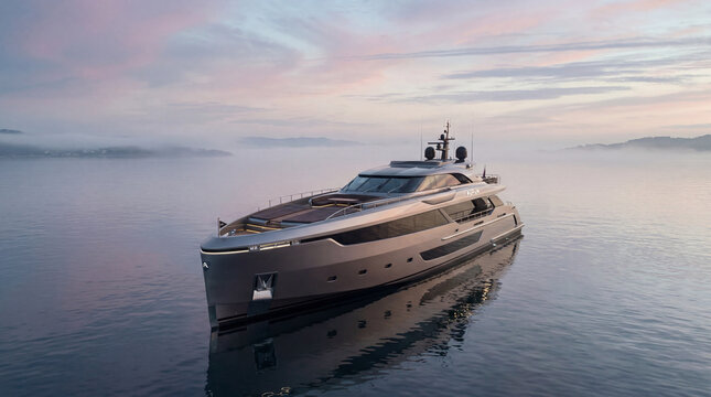 Platinum Yacht on Mirror Sea at Misty Dawn, Elegant Luxury Travel and Lifestyle Artwork
