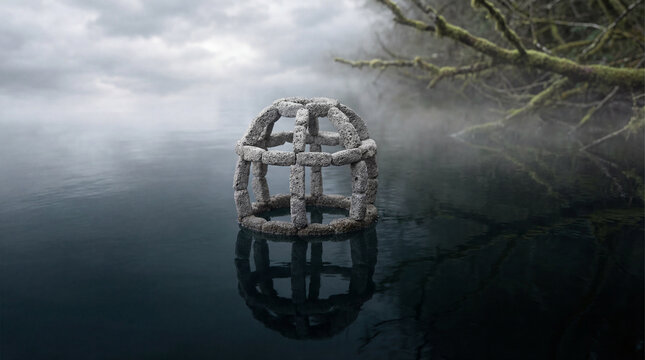 Lightweight grey pumice cage resting on still dark water soft overcast atmospheric minimalist landscape scene