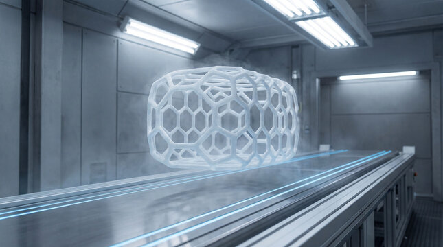 Levitating frosted superconductor cage floating above magnetic table futuristic physics experiment visual concept
