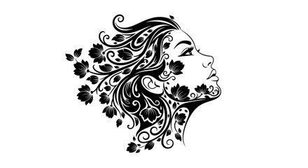 Elegant profile portrait of a woman with floral hair and swirling decorative patterns. © Andi Dwika