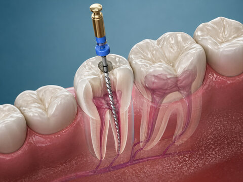 AI generated dental root canal procedure showing internal tooth structure nerves and endodontic tool inside canal highlighting treatment process oral health care and medical education
