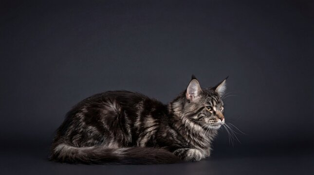 Maine Coon cat sitting in profile view against a dark gray studio background