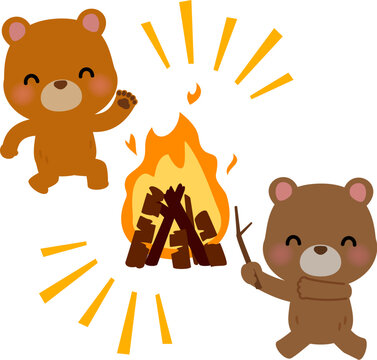 焚火の周りで踊るクマのキャラクター