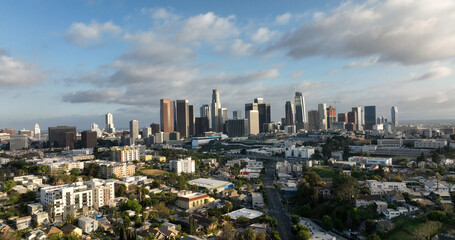 Fototapeta premium Los Angeles skyline city center architecture. Los Angeles downtown skyline business district. Los Angeles modern towers skyscrapers panorama. Los Angeles aerial view sunny skyline.