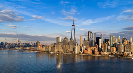 Naklejka premium Manhattan aerial view in New York City. New York City skyline with skyscrapers. NYC Manhattan skyline. New York downtown panorama.