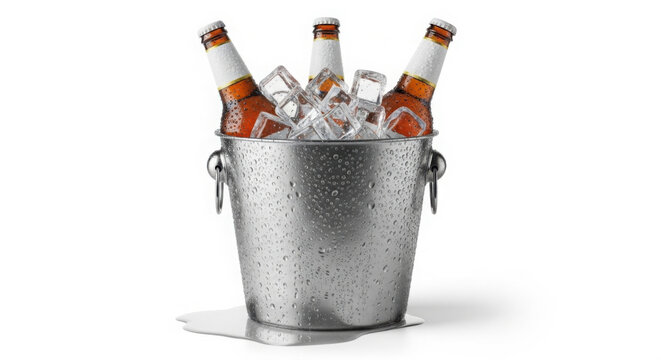 A metal bucket filled with ice and beer bottles on a white background