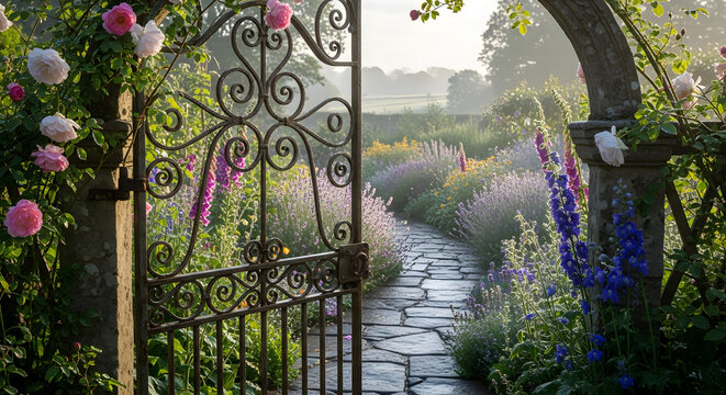 Open ornate wrought iron gate leading into beautiful cottage garden with stone path and blooming summer flowers at sunrise.