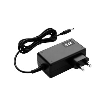 Black and white halftone illustration of power adapter with cable and plug, minimal electronics concept with retro dot texture and clean tech style.
