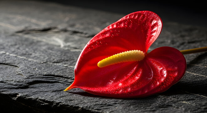 Vibrant red anthurium flower with water droplets on dark textured stone background in low key lighting.