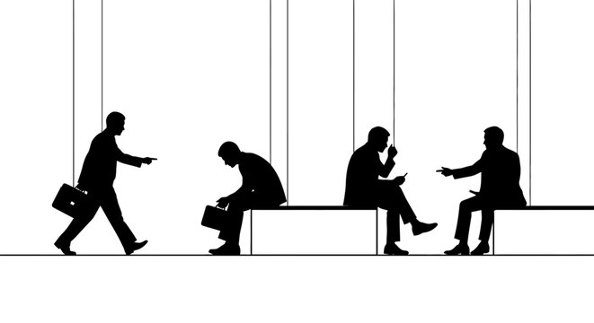 puppet businessmen on strings a silhouette concept of corporate control and manipulation in the modern workplace.
