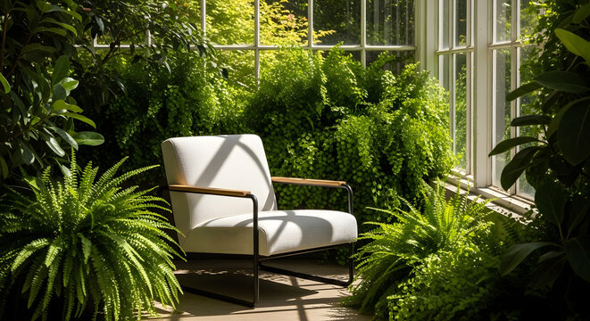 Comfortable white armchair situated in a verdant sunroom with abundant green ferns and sunlight streaming through.