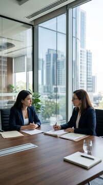 Businesswomen having important corporate meeting in modern office