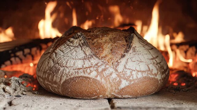 Artisan Sourdough Bread Baking in a Fiery WoodFired Oven.