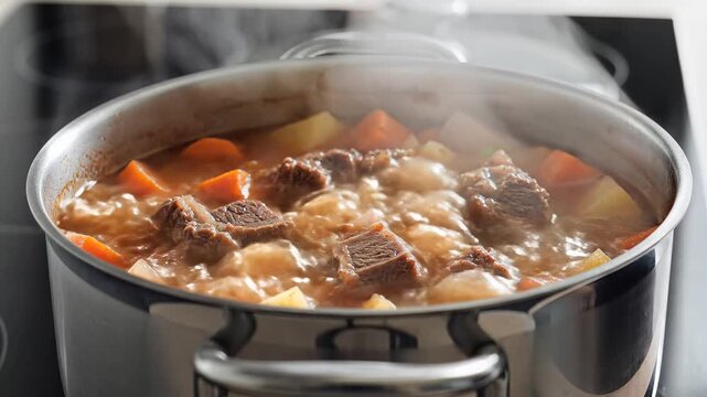 Hearty Beef Stew Simmering in a Pot on the Stove.