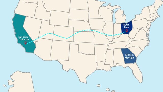 Dayton, Ohio to San Diego, California travel path animation location map, Animated map, USA MAP, blue highlighted in map of USA