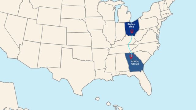 Atlanta, Georgia to Dayton, Ohio travel path, location map, Animated map, USA MAP, blue highlighted in map of USA
