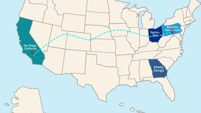 San Diego to Manheim, Pennsylvania travel path animation location map, Animated map, USA MAP, blue highlighted in map of USA