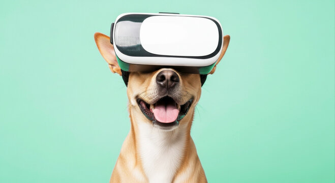 Happy dog ​​in VR headset experiences metaverse