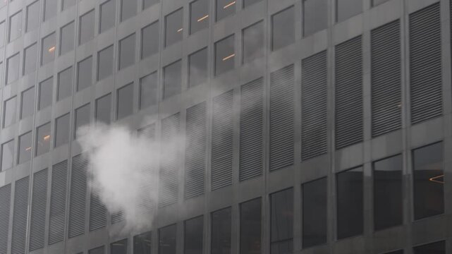 Steam Spewing From Downtown High Rise On Cold Day