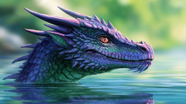 A vibrant dragon emerges from water, showcasing intricate scales and piercing eyes
