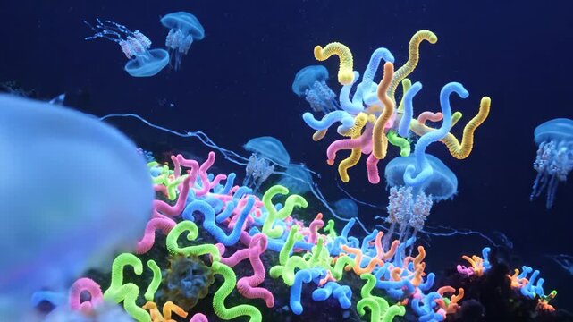 Jellyfish swimming above neon glowing sea anemones in a dark deep ocean environment.