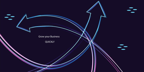 Neon business growth background with glowing upward arrow and light trails on dark gradient, modern success, marketing and startup development banner with copy space © MdRoni