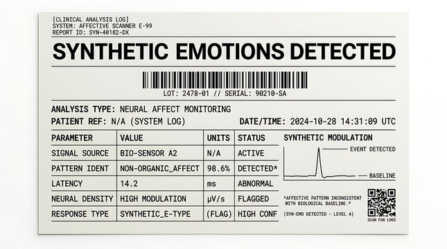 Synthetic Emotions Detected: An eye-level shot of a detailed data analysis form. Text reads Synthetic Emotions Detected. Information includes patient details, sensor data, and charts.