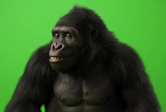 A powerful gorilla stands in front of a green screen with its arms outstretched in a video.