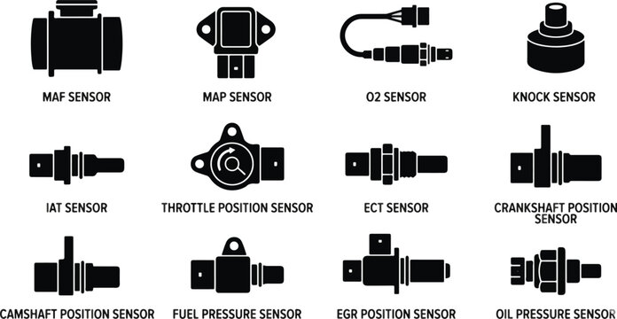 Comprehensive Set of Automotive Engine Sensors Icons 2026: Black Silhouettes with Labeled Names for Mechanical Vehicle Diagnostics on White Background