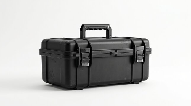 Black toolbox mockup isolated on white background with realistic lighting professional product photography minimal composition clean industrial equipment storage case design template modern workshop 