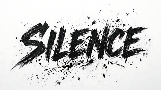 Silent Whisper: The word SILENCE boldly presented in stark black, with expressive brushstrokes and subtle ink splatters that creates a profound visual poem.