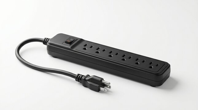 Black power strip isolated on white background minimal modern mockup realistic lighting clean composition electrical extension socket product photography template advertising commercial branding space