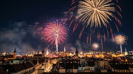 Naklejka premium Colorful fireworks illuminating prague cityscape celebrating new year's eve