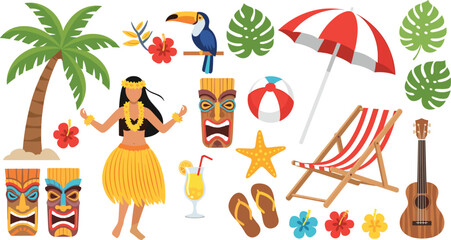 Tropical Island Vacation Icon Set Featuring Hula Dancer Tiki Totem Surfboards Hibiscus Flower Hawaiian Shirt and Exotic Cocktails for Summer Beach Party Designs © MdRoni