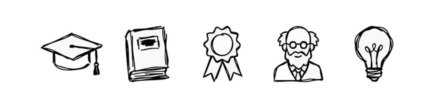 Hand Drawn Education Icon Set featuring Mortarboard Book Award Medal Professor and Idea Lightbulb Sketch