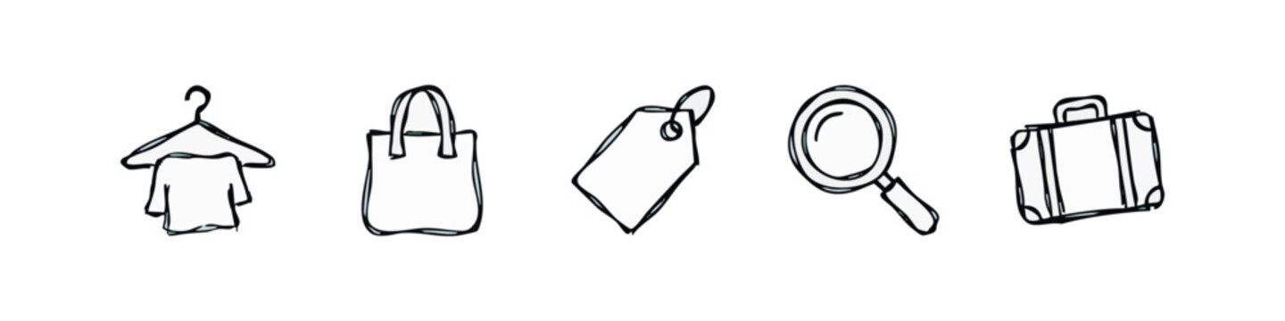 Hand Drawn Shopping and Retail Icon Set with Shirt Hanger Tote Bag Price Tag Magnifier and Suitcase