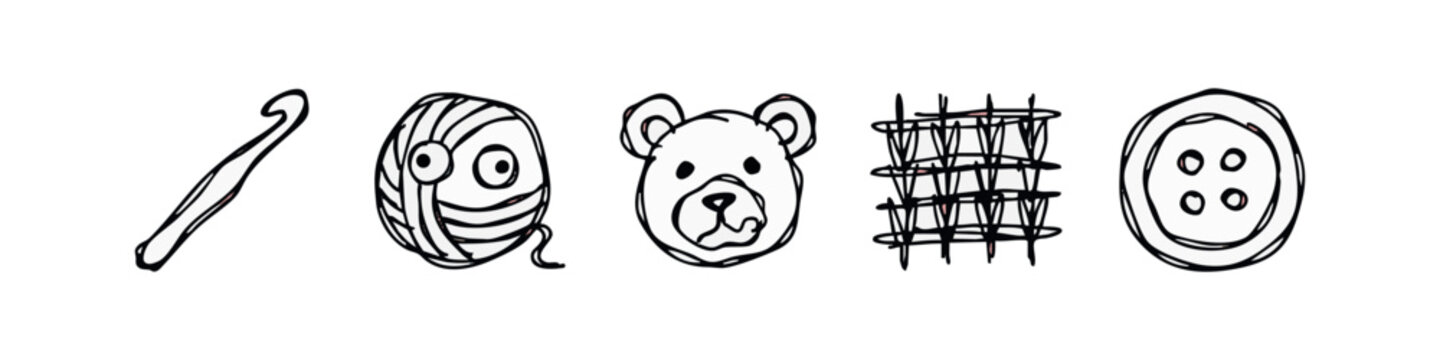 Hand Drawn Craft and Knitting Icon Set with Crochet Hook Yarn Ball Teddy Bear Fabric and Sewing Button