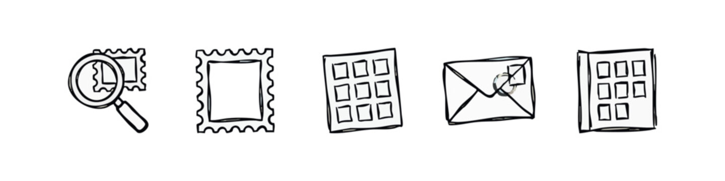 Hand Drawn Postage and Philately Icons with Magnifier Stamp Postmark Stamp Sheet Envelope and Address Book
