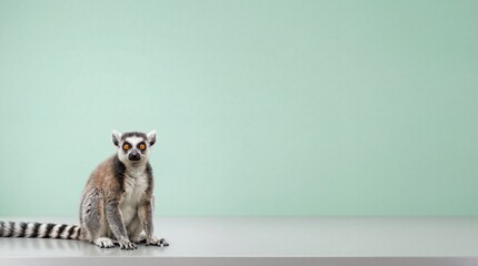 Fototapeta premium Ring-tailed lemur sitting against a plain green background in studio