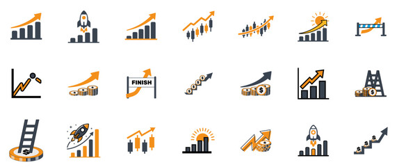 Business graphs and charts icons. Business infographics icons. Statistic and data, charts diagrams, money, down or up arrow, economy reduction. Financial chart. Vector illustration. © LvTRandom